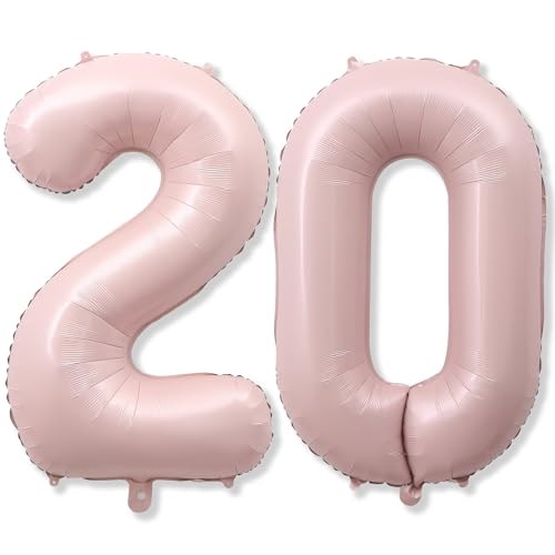 Pastel Pink 20 Balloon Number for Girls 40 Self Inflating Number 20 Balloons Big Light Blush Pink Foil 2 & 0 Helium Balloon 20 for Women Boho Coquette 20th Birthday Party Anniversary Decorations