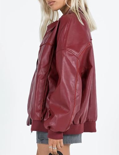 EsheSy Women's Oversized Leather Jacket Faux Suede Boyfriend Motorcycle Full Zip Bomber Jacket3