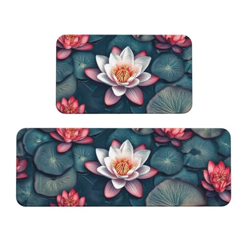 Tapetes de cocina de alta densidad con diseño floral de loto y base firme antideslizante 2