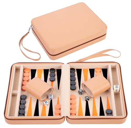 Backgammon Set 9 Inch Travel Board Game Beige Zip Case with Playing Pieces
