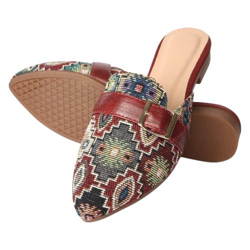 Women's Tapestry Mule Flats with Buckle Strap | Ethnic Floral Print Pointed Toe Slip-On Shoes for Women | Stylish Low Block Heel Loafers with Cushioned Comfort-picture-37
