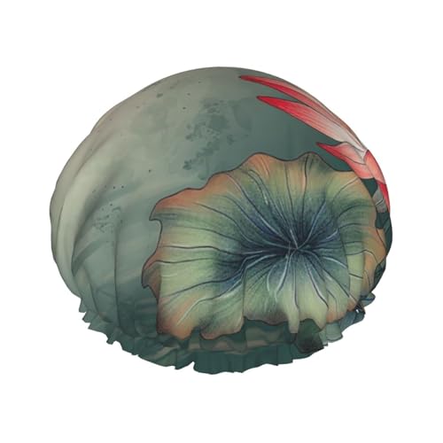 Flower and Dragonfly Shower Cap for Women Reusable Waterproof Shower Bonnet Washable Elastic Band Bath Hair Hat Double Layered Bath Cap Extra Large for Long Hair