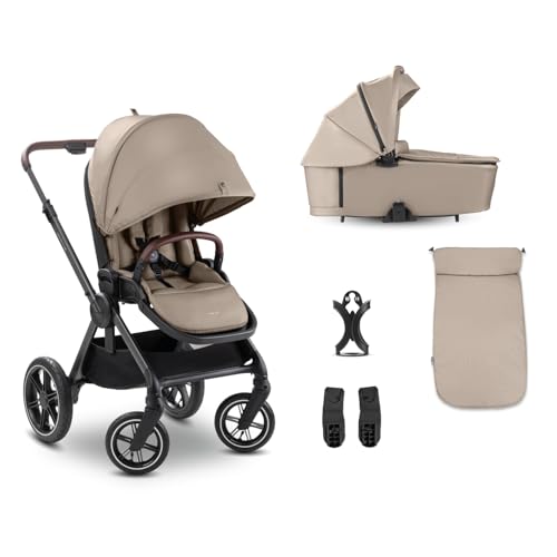 hauck Comfort N Care Air Set, Mocha - 2in1 Kinderwagen mit Luftreifen, Wanne mit Memory Knöpfe ab Geburt, Wendbarer Sitz mit Beindecke & Liegefunktion bis 22 kg, Höhenverstellbar, inkl. Adapter