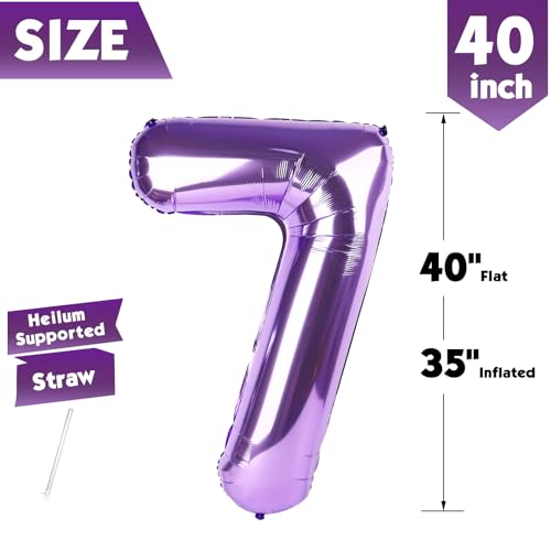 Image of 40 Inch Purple Number 7 Balloon Birthday Party Decorations for Men & Women | 40 Inch Purple inflatable foil number balloons, large birthday decorations for 7th birthday