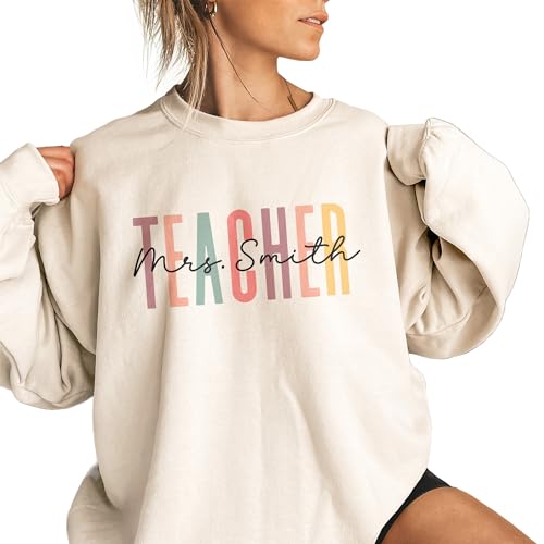 Custom Colorful Teacher Sweatshirt, Personalized Gift For Teachers, Mrs. Teacher Last Name Pullover Sweater, Teacher Appreciation Gifts, Unisex Crewneck Sweatshirt Sand4