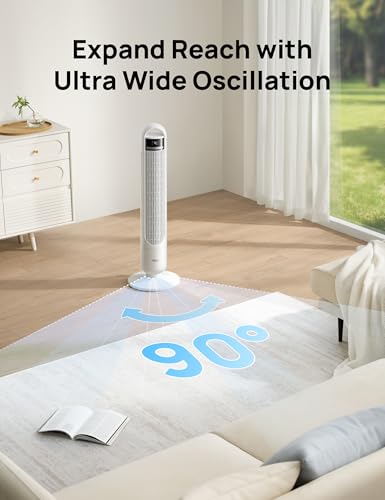 Image of DREO Smart Tower Fan for Bedroom, 90 Oscillating Standing Fans for Room with 4 Speeds, 4 Modes, 28dB Quiet for Sleep, 26ft /s Velocity, 8H Timer, Remote /App /Voice Control for Living Room, Office, Home
