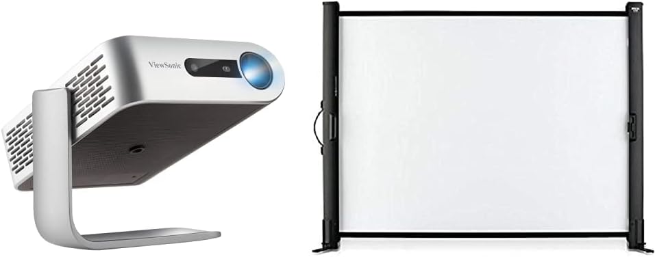ViewSonic M1 Portable LED Projector for Home & Family Entertainment with Harman Kardon Audio & Epson 50-inch Portable Desktop Office or Home Cinema Projection Screen - Indoor or Outdoor