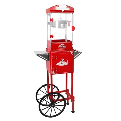 Image of Popcorn Machine Cart 14OZ - Pop Corn Machine Maker with Stainless Steel Kettle, with Stand & Wheels, Large Popcorn Machines for Home, Parties, Movie Theater, Events, Business