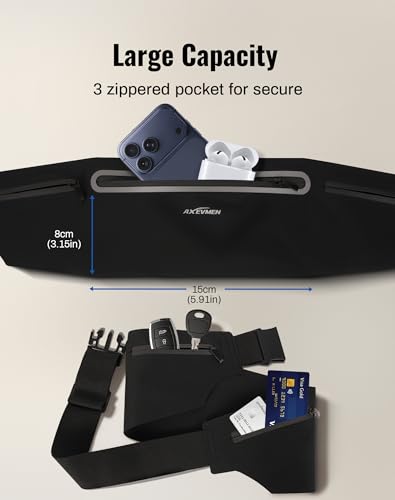 Running Belt for Women & Men-Ultra Light Slim Running Belts with Water-Resistant Phone Holder, 3 pockets Adjustable Waist Strap, Reflective Safety Design for Running, Hiking, Travel，Fitness — view 3