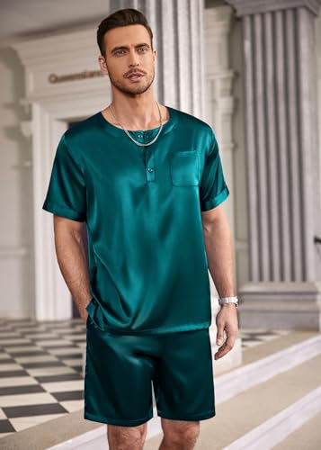 Image of Ekouaer Mens Pajamas Set Silk Satin Pjs Sets Summer Short Sleeve Button Down Sleepwear 2 Piece Loungewear with Pockets