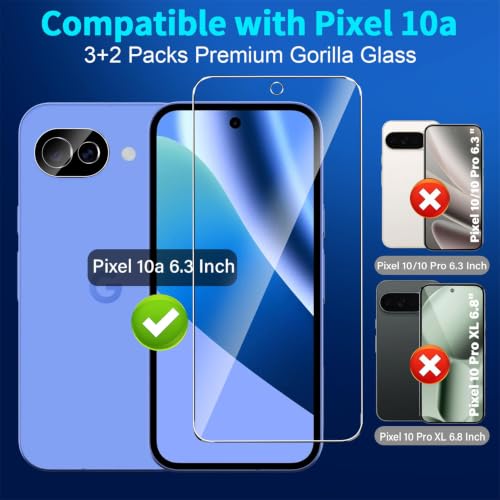 letosan 3 Pack for Google Pixel 10a Screen Protector Tempered Glass + 2 Pack Camera Lens Protector, Military Grade Shatterproof, 9H Hardness, Fingerprint Unlock,Case Friendly 6.3 Inch - image 2