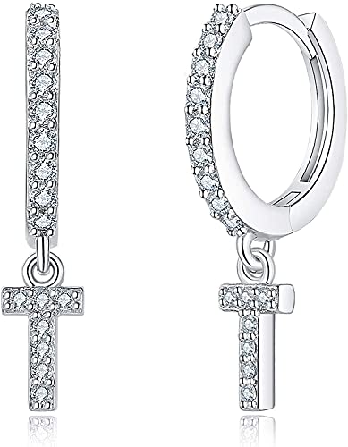 ZPPZ Boucles d'oreilles Huggie Hoop pour Femmes, Boucles d'oreilles en Argent pour Femmes, Ensemble de Boucles d'oreilles en Argent Sterling 925 avec Zircon cubique Silver - T Cover