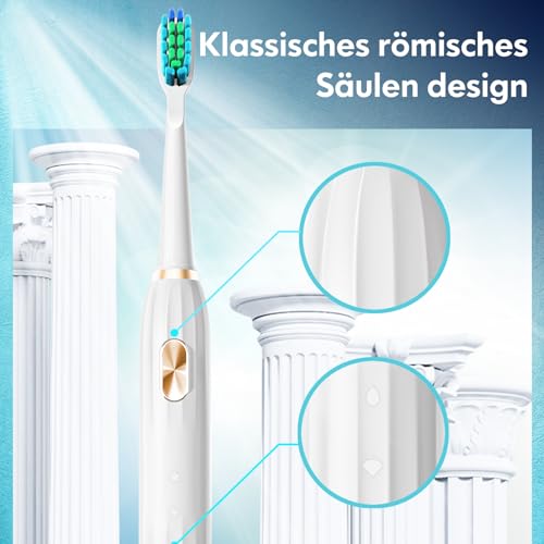 Electric Toothbrush, Elektrische Zahnbürste für Erwachsene und Kinder, Schallzahnbürste mit 90% Abgerundeten Borsten 5 Putzmodi Integrierter Timer und 9 Zahnbürstenköpfen (Weiß) – Bild 4