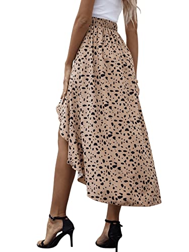 Sweatyrocks Women's Casual Elastic Waist Asymmetrical High Low Ruffle Hem Printed Midi Skirt Khaki L #TOP1