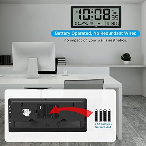 WallarGe Auto Set Large Digital Wall Clock Battery Operated with Temperature, Date, Seconds and Large Display, Auto DST, Great Clocks for Seniors, Living Room and Office 14 Inches