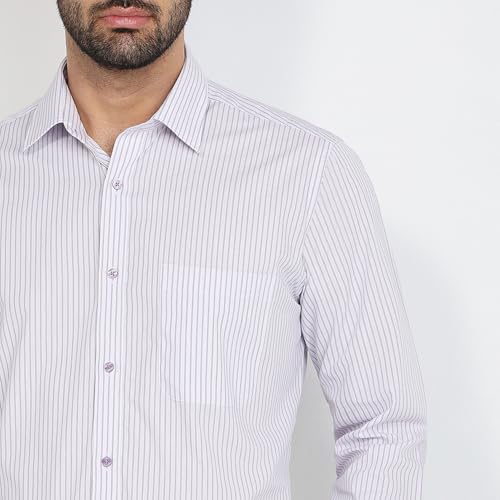 Image of Raymond Men Slim Fit Stripe Pattern Pure Cotton Semi Cutaway Collar Full Sleeve Formal Shirt