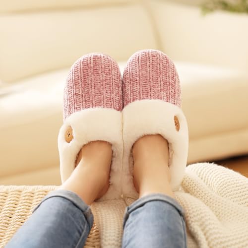 Image of Evshine Warm Knit House Slippers for Women Comfy Wool-Like Lined Chenille Slippers with Memory Foam and Indoor Outdoor Soles