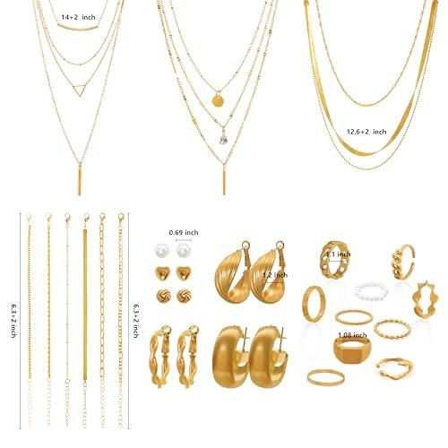Fumwase Gold Jewelry Set for Women Fashion Costume Jewelry Multi Layered Necklaces Stackable Bracelets Hoop Earrings Knuckle Rings for Valentine Anniversary Birthday Gift Adult2
