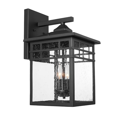 Image of Outdoor Light Fixture Wall Mount, Black Exterior Light Fixture Wall Sconces with Seeded Glass for Front Porch, Large Waterproof Outdoor Square Wall Lantern Outside for House Doorway