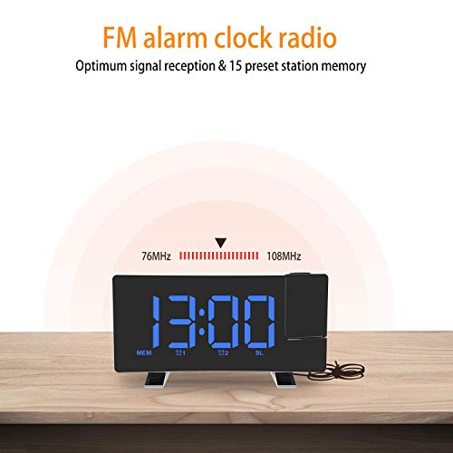 Mightree Projection Alarm Clock For Bedroom, Digital Alarm Clock With Usb Charger, Large Led Mirror Display Radio Alarm Clock, Dual Smart Alarm With Projection On Ceiling, Blue Digital, Black-Blue #TOP5