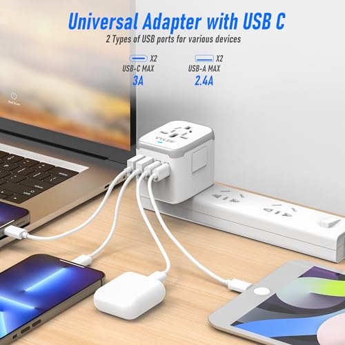 Image of VYLEE Universal International Power Travel Plug Adapter, 5 in 1 European Travel Plug Adapter W / 3.5A 2xUSB-A and 2xUSB C Wall Charger and Worldwide AC Outlet for Europe USA UK AUS Asia (White Grey)