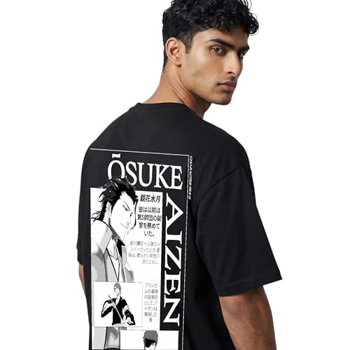 Image of Yume Men's Oversized Aizen Sosuke Anime Printed T-Shirt | 240 GSM Cotton Crew Neck Tee | Lavender & Black Beige Dual-Tone | Bleach Villain Merch | Long Length Drop Shoulder Streetwear (Black)