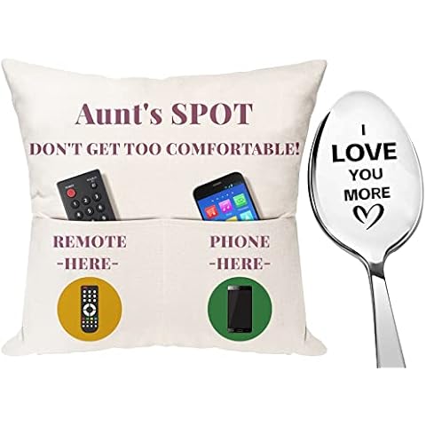 XIKAINUO Gifts for Aunt 2-Pocket Aunt's Spot Throw Black Pillow Covers (18x18 Inches) with I Love You More Spoon for Aunt Birthday, Christmas, Thanksgiving Day Gift, Aunt Gifts from Nephew Nece Cover