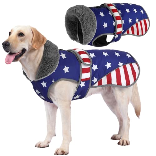 Image of Dogcheer Dog Coat, American Flag Dog Jacket Waterproof Puppy Winter Coat for Cold Weather, Reflective Adjustable Pet Snow Jacket Fleece Sweater for Small Medium Large Dogs - USA Flag, S