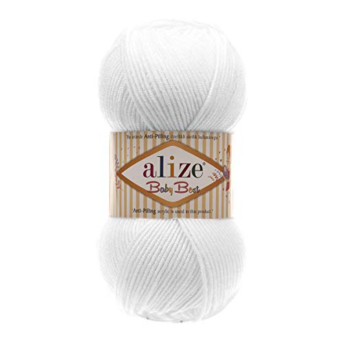Alize Baby Best Soft Baby Yarn, Worsted Yarn 90% Anti-Pilling Acrylic 10% Bamboo, Lot of 4. Each Skein 3.5 oz (100 g) 262 Yards (240 m) (55 - White)