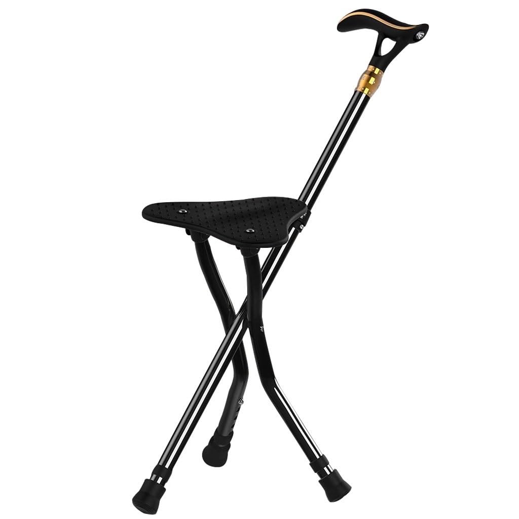 Silla Plegable, Taburete de bastón con luz LED y Alarma, 5 Marchas, Altura: 24 x 80-90 cm, Color Negro