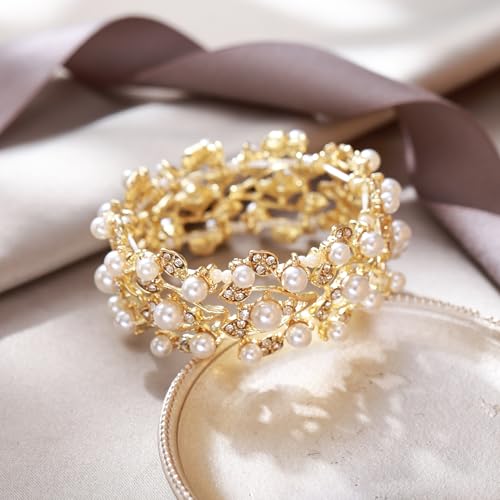 EVER FAITH Crystal Cream Simulated Pearl 1920's Style Leaf Wedding Prom Stretch Bracelet for Women4