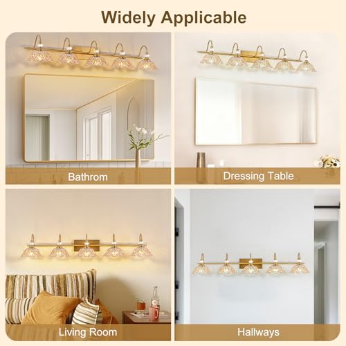 Image of Vintage Bathroom Vanity Light, 5-Light Matte Brass Finish Vanity Light with Floral Amber Glass Shades, Retro Wall Mount Lighting for Bathroom, Living Room
