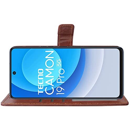 Image of Amazon Brand - Solimo Flip Leather Mobile Cover (Soft, Flexible & Kickstand Back case) Compatible for Tecno Camon 19 Pro 5G (Brown)