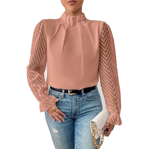 Blusa de Cuello Medio Alto para Mujer, Top Elegante de Manga Larga Plisada de Color Liso, Informal a Rayas para Mujer para IR de Compras (XL)
