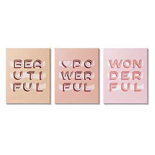 Stupell Industries Beautiful Powerful Wonderful Encouragement Pink White Heart, Designed by Daphne Polselli Canvas Wall Art, 3pc, Each 16 x 20