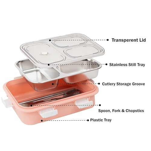 Image of Brand Conquer Lunch Box Leak-Proof BPA Free Stainless Steel for School, Lunch Box for School & Office with a Fork, a Spoon and a Pair of Chopsticks (Pink, 3 Compartment)