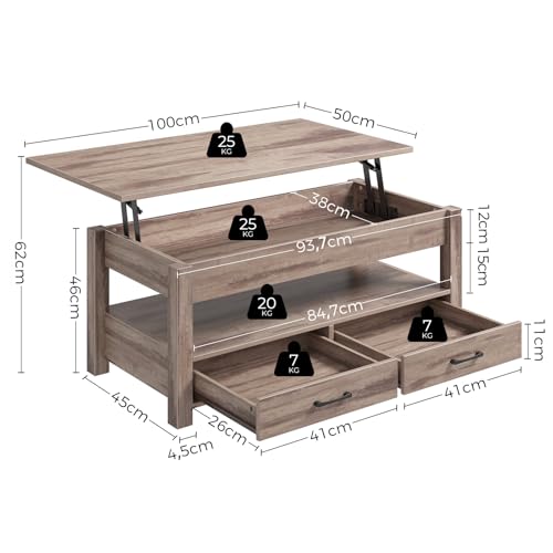 Couchtisch Höhenverstellbar, Couchtisch mit 2 Schublade, Hubplatte, Wohnzimmertisch mit Verstecktes Ablagefach, für Wohnzimmer – Bild 4