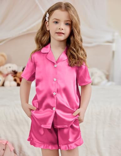 Image of Arshiner Girls Pajamas Silk Satin Pajama Set Button Pjs Ruffle Sleepwear