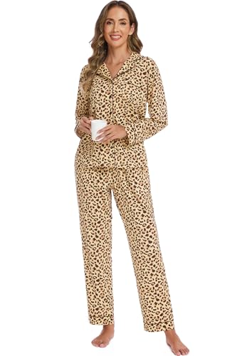Image of LUBOT 100% Cotton Pajamas for Women Pajama Set 2 Piece PJ Sleepwear Set Soft Ladies Button Knit Long Sleeve Loungewear XS-XXL
