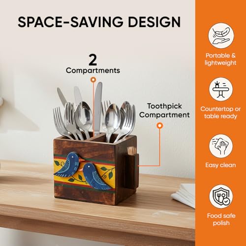 Image of AAKRITI ART CREATIONS Love Birds Cutlery Holder Small | Hand-painted Wooden Stand For Dining Table | Kitchen Knife Holder | Wooden Cutlery Holder, Multicolor Matte Finish
