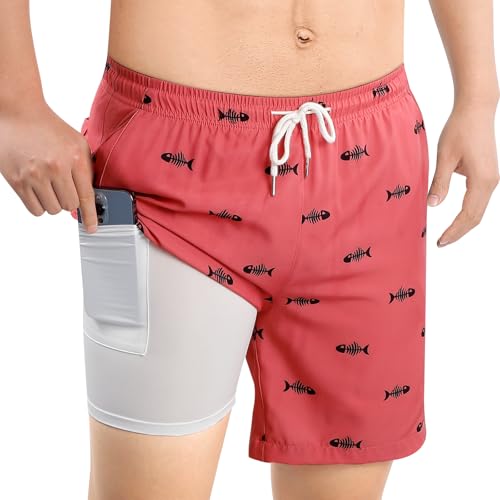 Men's Swim Trunks Print 2 in 1 Compression Liner Bathing Swimsuits 7