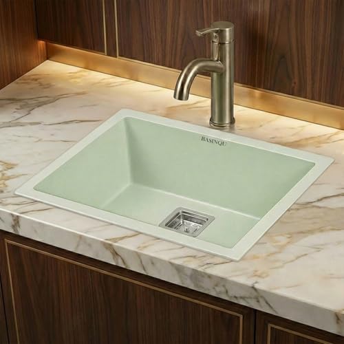 Image of BASINQU Quartz Sink for Kitchen | 24x18x9 Inches Sand-Choco Single Bowl Kitchen Sink | Granite UV Protected Scratch Resistant, Undermount /Topmount Kitchen Sinks