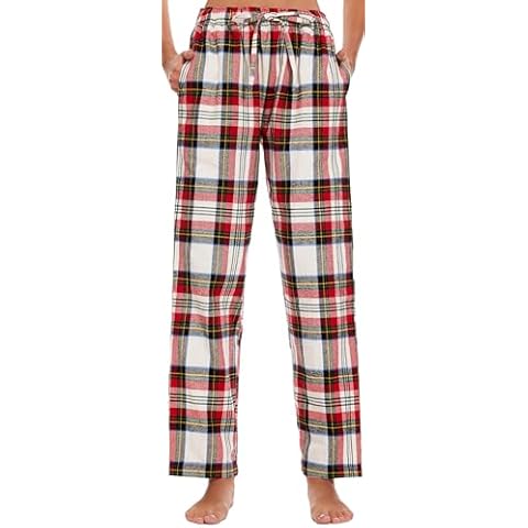Lavenderi Women’s Soft Woven Cotton Pajama Pants, Long Pajama Bottoms with Drawstring and Pockets(Red White Plaid,Large) Cover