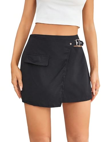 WDIRARA Women's High Waist Wrap Asymmetrical Hem Cut Out Split Mini Skirt with Pocket
