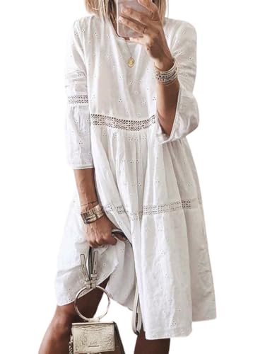 Image of utcoco Womens Lace Eyelet Embroidery Dresses 3 /4 Trumpet Sleeve Crochet Spliced A Line Flowy Boho Midi Dress