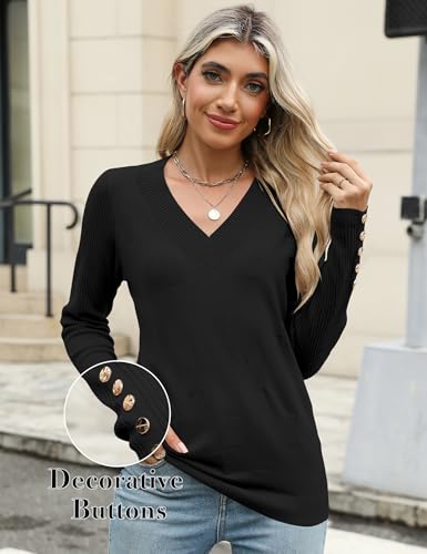 Womens V Neck Sweaters Long Sleeve Lightweight Knit Pullover Tops with Decorative Buttons2