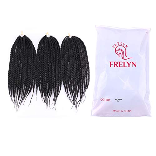 FRELYN 3 Packs Box Braids Crochet Braids Hair Extensions 18 Inches 12 Strands/Pack Flame Retardant Synthetic Hair (Black)