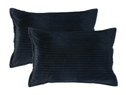 Image of RD TREND Corduroy Cushion Cover Set of 2, Striped Double Sided Decorative Throw Pillowcases for Sofa, Bed & Living Room Rectangular Long Cushion Covers 18x28 inches | Black