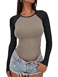 ATHMILE Womens Long Sleeve Shirts 2025 Fall Fashion Outfits Clothes Slim Fitted Basic Tee Going Out Crop Tops Cute Y2k Teen Girl Color Block T-Shirts