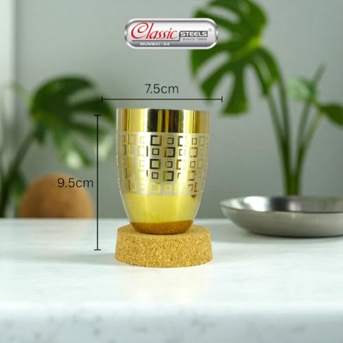 Image of Classic Steels Stainless Steel Gold Laser Lotus Glass Set of 6 for Water, Milk, Lassi & Juice | International Standard Food Grade PVD Gold Coating | 300 ML Each | 1 Year Guarantee